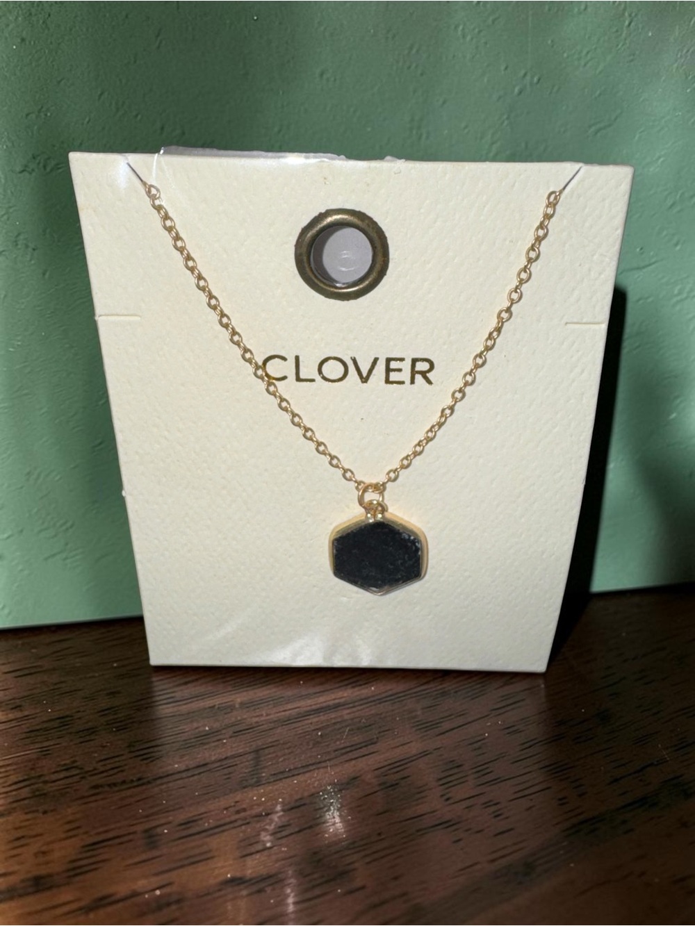 NEW Clover Gold Tone Black Hexagon Pendant Necklace Dainty Minimalist